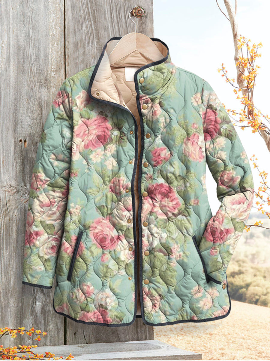 Women's Quilted Jacket with Retro Floral Pattern