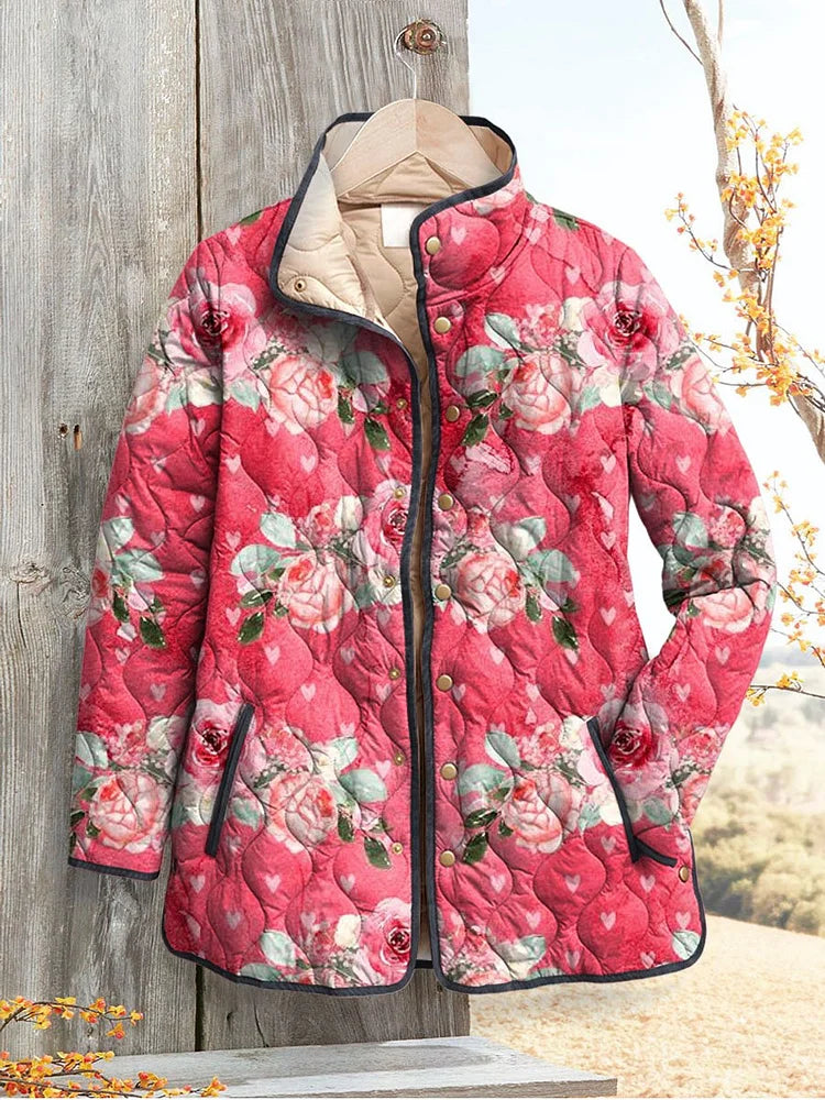 Women's Charming Pink Floral Printed Casual Quilted Jacket