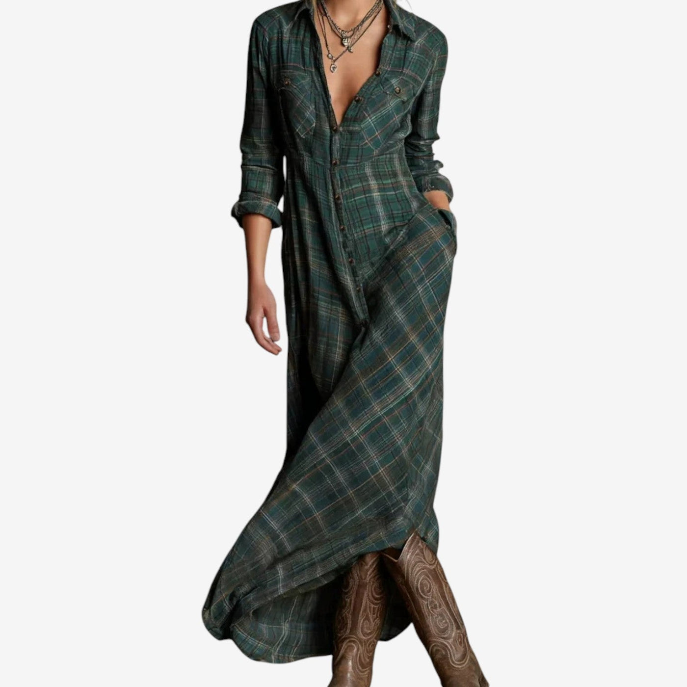Cécile™ | Bohemian Chic Long Plaid Dress