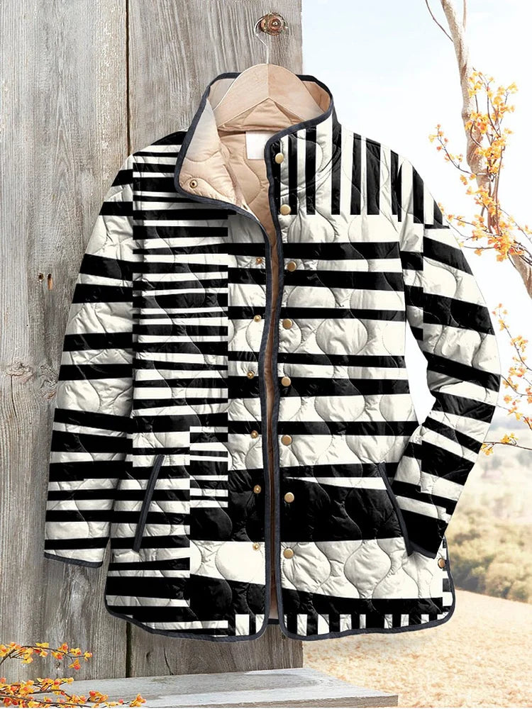 Women's Black and White Abstract Casual Quilted Jacket