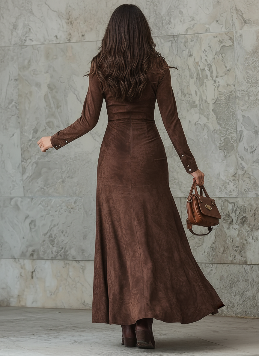 Retro Brown Irregular Ruffle Lapel Long Dress